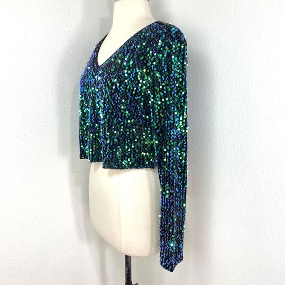 Fashion Green Blue Sequin Halter Top Long Sleeves Small Raw Hem Relaxed Party - Picture 6 of 13
